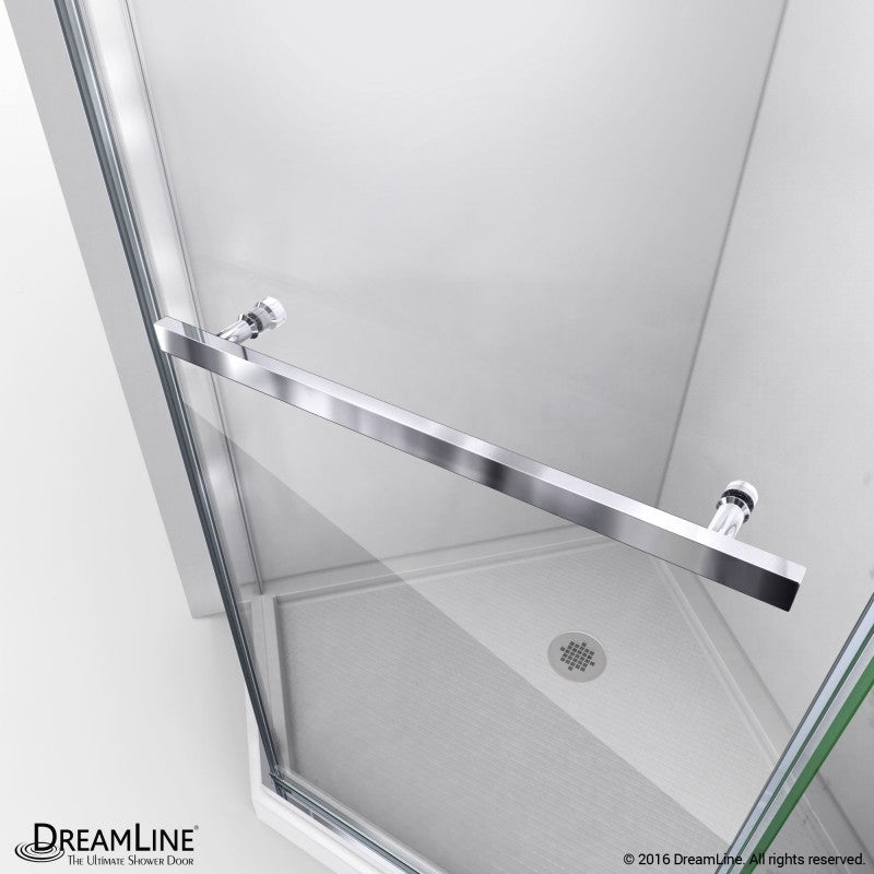 Prism Frameless Neo-Angle Pivot Shower Door for Corner Enclosure Kit with Biscuit Shower Base Pan and Corner Drain