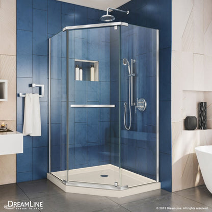 Prism Frameless Neo-Angle Pivot Shower Door for Corner Enclosure Kit with Biscuit Shower Base Pan and Corner Drain