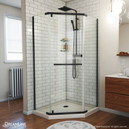 Prism Frameless Neo-Angle Pivot Shower Door for Corner Enclosure Kit with Biscuit Shower Base Pan and Corner Drain