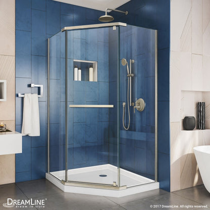 Prism Frameless Neo-Angle Pivot Shower Door for Corner Enclosure Kit with White Shower Base Pan and Corner Drain