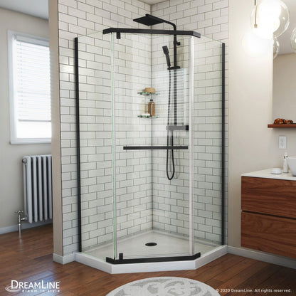 Prism Frameless Neo-Angle Pivot Shower Door for Corner Enclosure Kit with White Shower Base Pan and Corner Drain