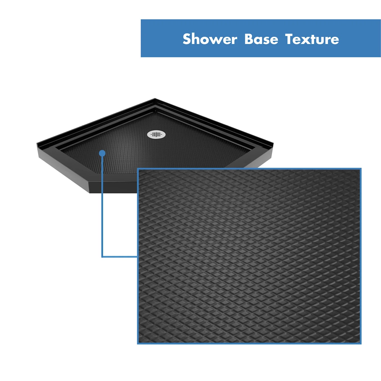 Prism Lux Frameless Neo-Angle Hinged Shower Door for Corner Enclosure Kit with Black Shower Base Pan and Corner Drain