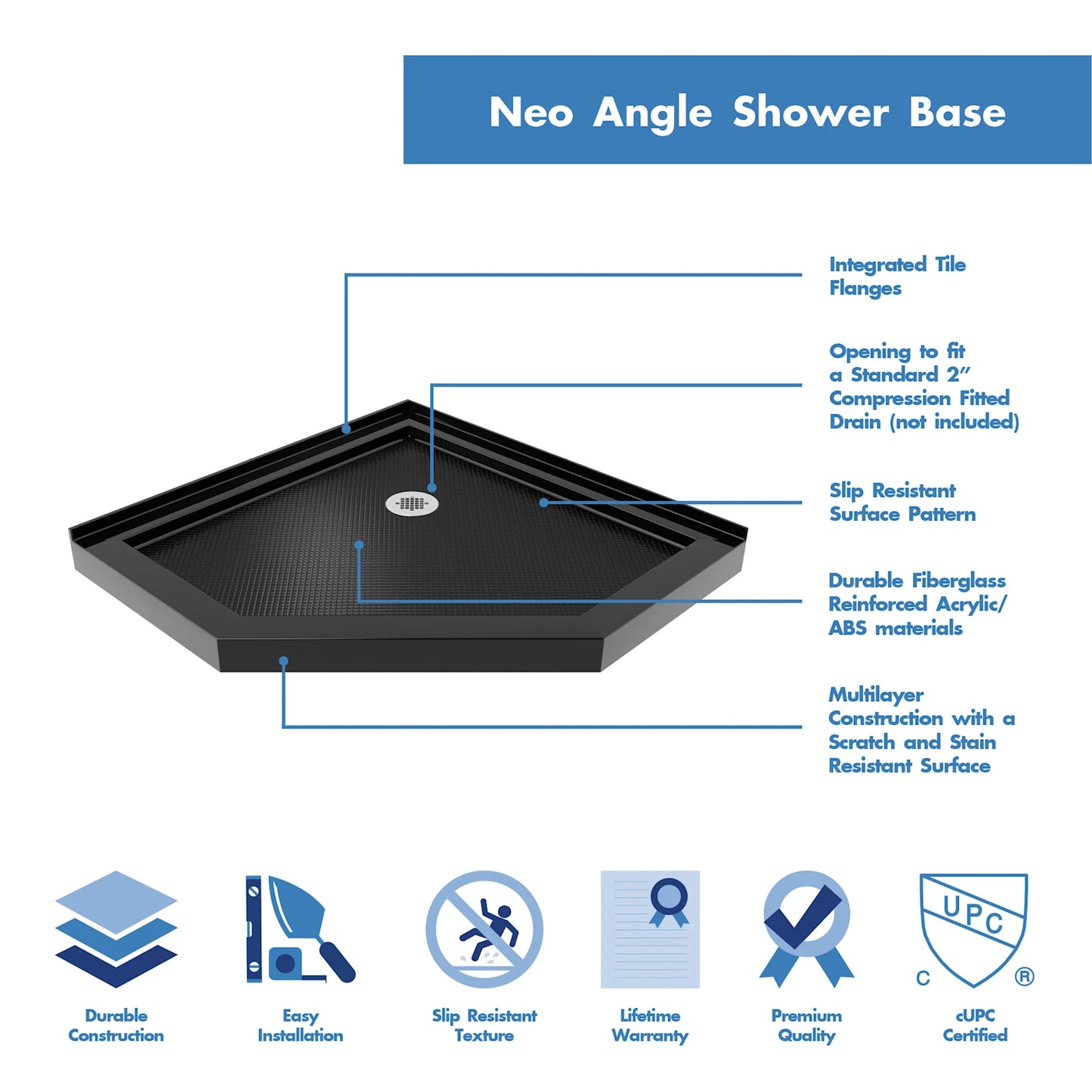 Prism Lux Frameless Neo-Angle Hinged Shower Door for Corner Enclosure Kit with Black Shower Base Pan and Corner Drain