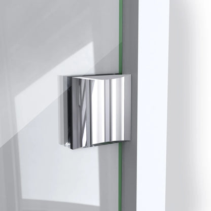 Prism Lux Frameless Neo-Angle Hinged Shower Door for Corner Enclosure Kit with Black Shower Base Pan and Corner Drain