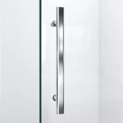 Prism Lux Frameless Neo-Angle Hinged Shower Door for Corner Enclosure Kit with Black Shower Base Pan and Corner Drain