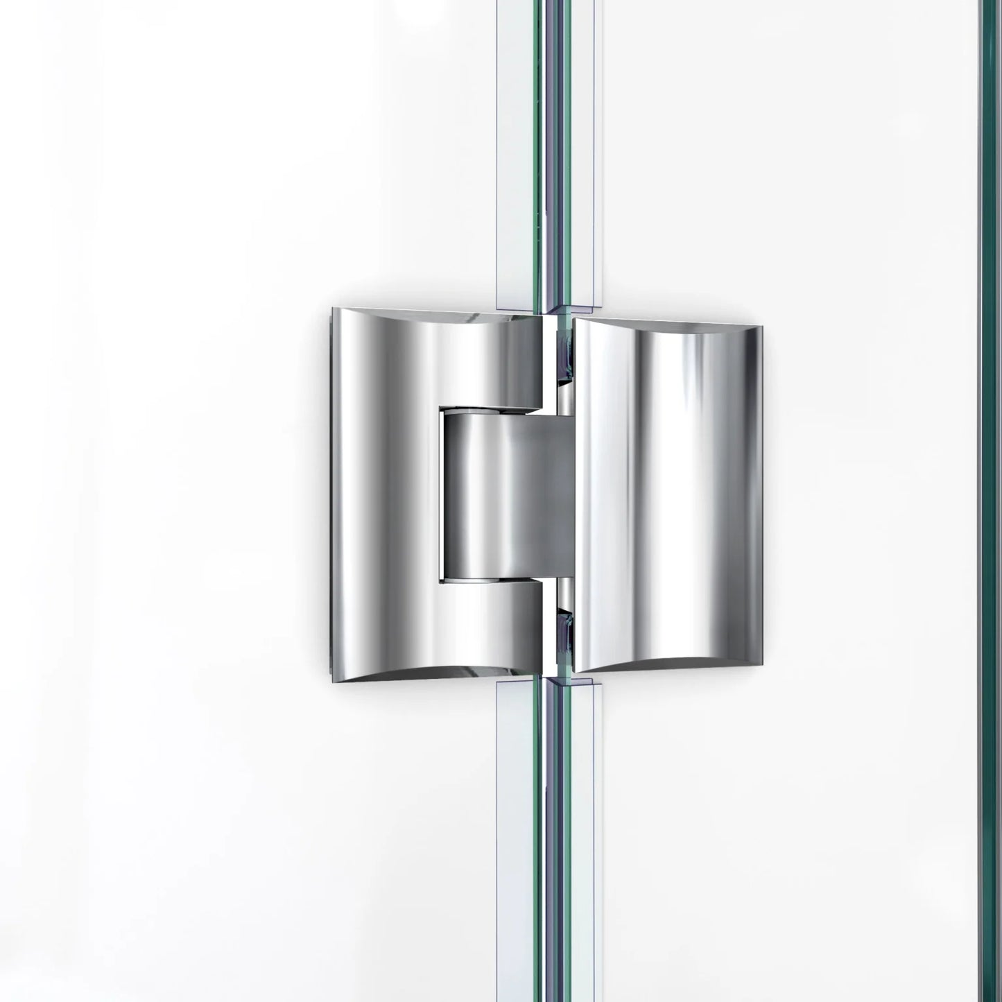 Prism Lux Frameless Neo-Angle Hinged Shower Door for Corner Enclosure Kit with Black Shower Base Pan and Corner Drain