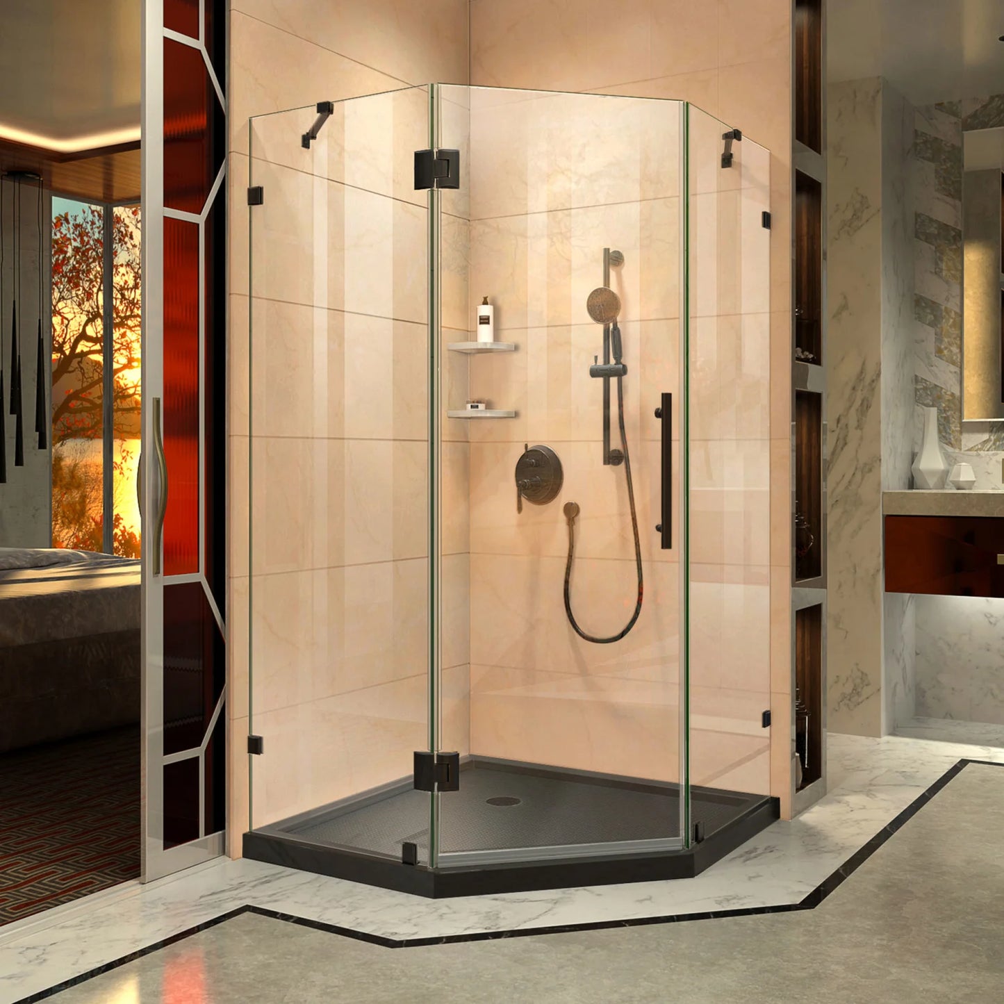 Prism Lux Frameless Neo-Angle Hinged Shower Door for Corner Enclosure Kit with Black Shower Base Pan and Corner Drain