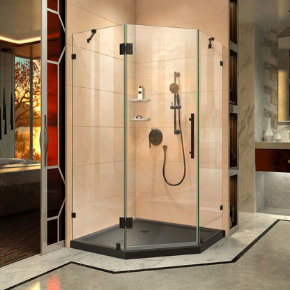 Prism Lux Frameless Neo-Angle Hinged Shower Door for Corner Enclosure Kit with Black Shower Base Pan and Corner Drain