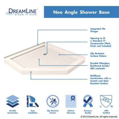 Prism Plus Frameless Neo-Angle Hinged Shower Door for Corner Enclosure Kit with Biscuit Shower Base Pan and Corner Drain