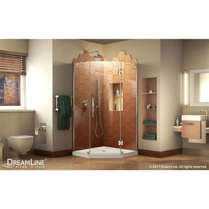 Prism Plus Frameless Neo-Angle Hinged Shower Door for Corner Enclosure Kit with Biscuit Shower Base Pan and Corner Drain