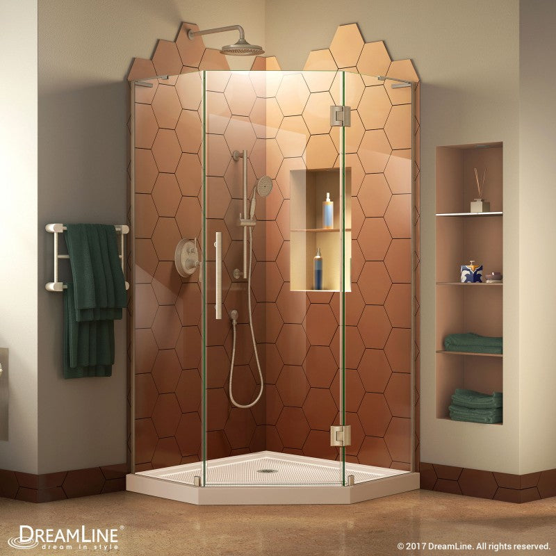 Prism Plus Frameless Neo-Angle Hinged Shower Door for Corner Enclosure Kit with Biscuit Shower Base Pan and Corner Drain