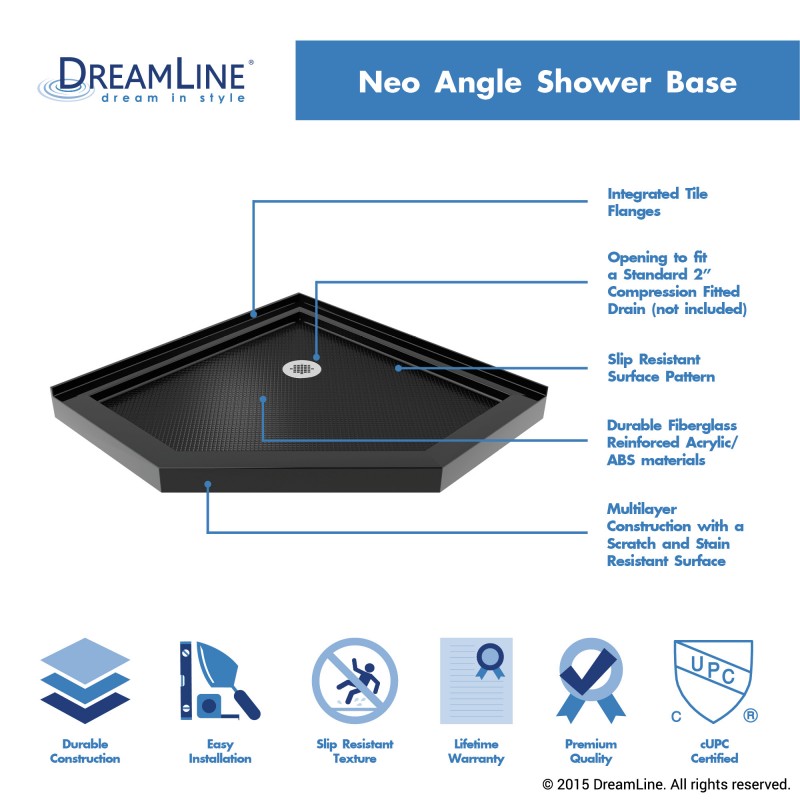 Prism Plus Frameless Neo-Angle Hinged Shower Door for Corner Enclosure Kit with Black Shower Base Pan and Corner Drain