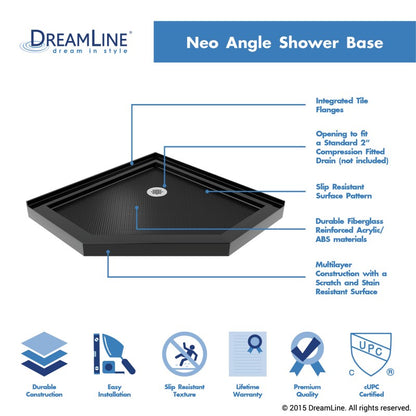 Prism Plus Frameless Neo-Angle Hinged Shower Door for Corner Enclosure Kit with Black Shower Base Pan and Corner Drain