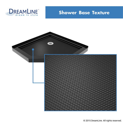 Prism Plus Frameless Neo-Angle Hinged Shower Door for Corner Enclosure Kit with Black Shower Base Pan and Corner Drain