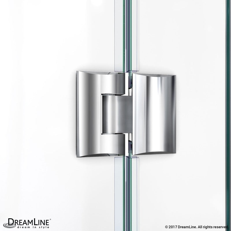 Prism Plus Frameless Neo-Angle Hinged Shower Door for Corner Enclosure Kit with Black Shower Base Pan and Corner Drain