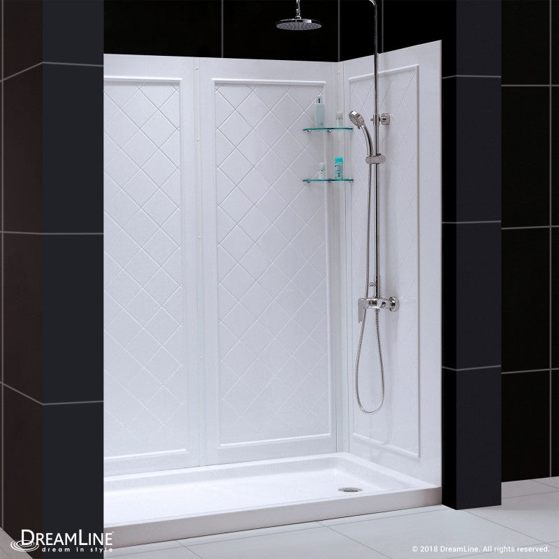 Infinity-Z Semi-Frameless Single Sliding Shower Door Kit with Diamond Style Wall and White Shower Base Pan and Right Drain