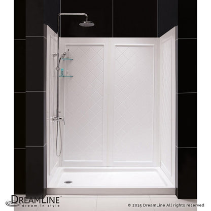 Infinity-Z Semi-Frameless Single Sliding Shower Door Kit with Diamond Style Wall and White Shower Base Pan and Center Drain