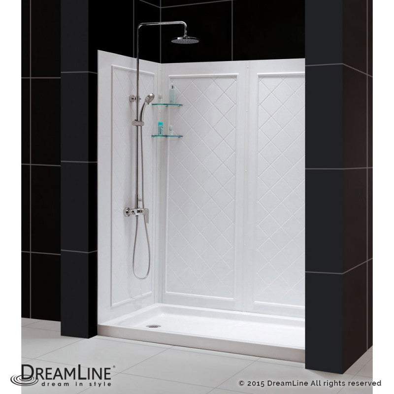 Infinity-Z Semi-Frameless Single Sliding Shower Door Kit with Diamond Style Wall and White Shower Base Pan and Center Drain