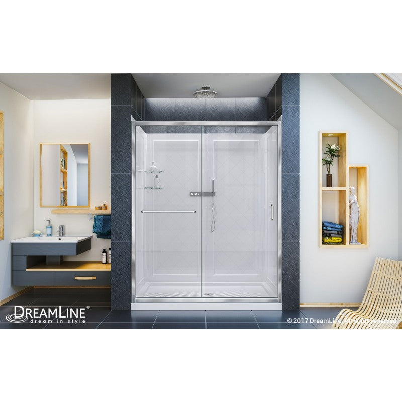 Infinity-Z Semi-Frameless Single Sliding Shower Door Kit with Diamond Style Wall and White Shower Base Pan and Center Drain