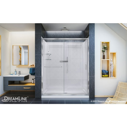 Infinity-Z Semi-Frameless Single Sliding Shower Door Kit with Diamond Style Wall and White Shower Base Pan and Center Drain