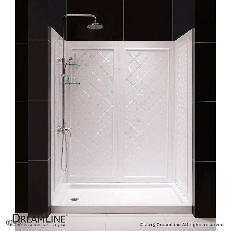 Infinity-Z Semi-Frameless Single Sliding Shower Door Kit with Diamond Style Wall and White Shower Base Pan and Left Drain