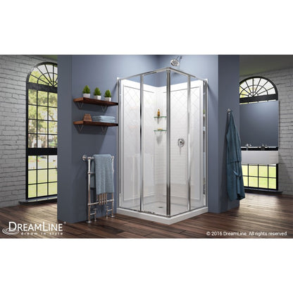 Cornerview Framed Corner Enclosure Center Sliding Shower Door Kit with Diamond Style Wall and White Shower Base Pan