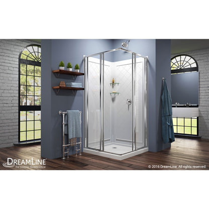 Cornerview Framed Corner Enclosure Center Sliding Shower Door Kit with Diamond Style Wall and White Shower Base Pan