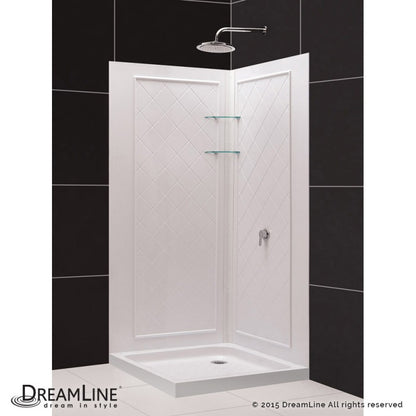 Cornerview Framed Corner Enclosure Center Sliding Shower Door Kit with Diamond Style Wall and White Shower Base Pan