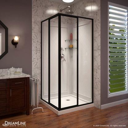Cornerview Framed Corner Enclosure Center Sliding Shower Door Kit with Diamond Style Wall and White Shower Base Pan