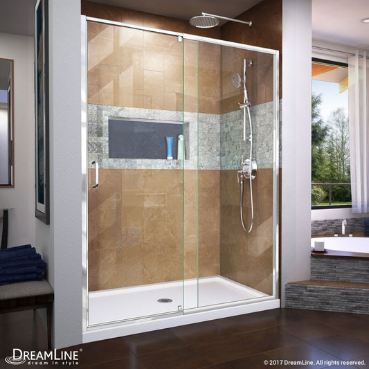 Flex Semi-Frameless Pivot Shower Door Kit with Return Panel for Corner Enclosure and White Shower Base Pan and Center Drain