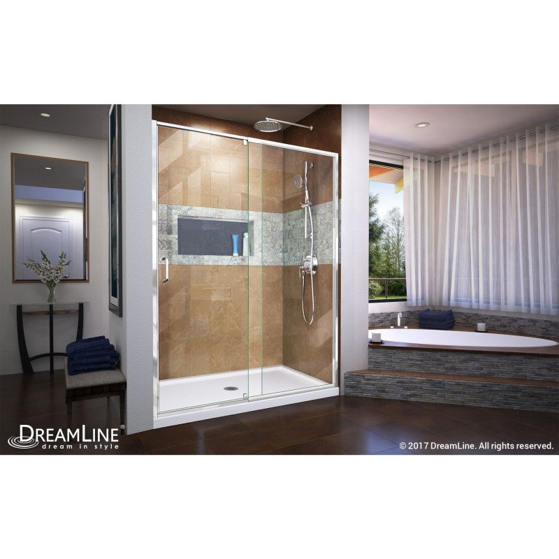 Flex Semi-Frameless Pivot Shower Door Kit with White Shower Base Pan and Center Drain