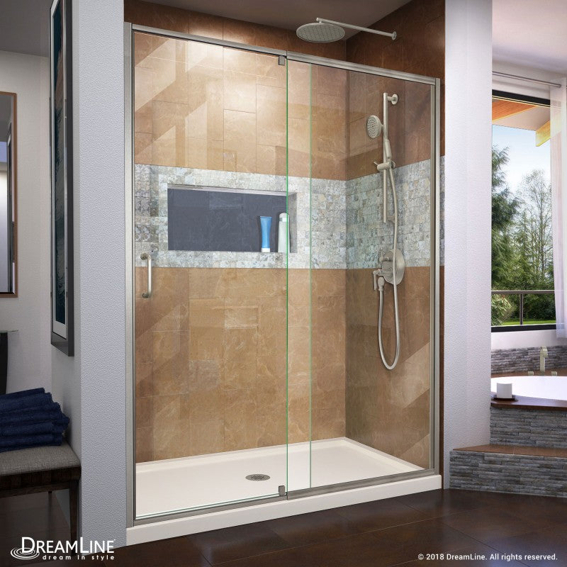 Flex Semi-Frameless Pivot Shower Door Kit with Biscuit Shower Base Pan and Center Drain