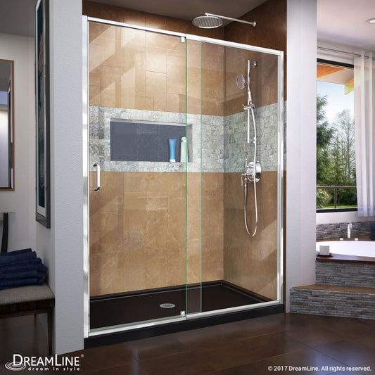 Flex Semi-Frameless Pivot Shower Door Kit with Black Shower Base Pan and Center Drain