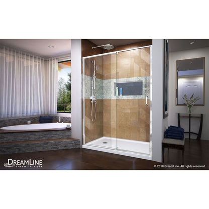 Flex Semi-Frameless Pivot Shower Door Kit with White Shower Base Pan and Left Drain