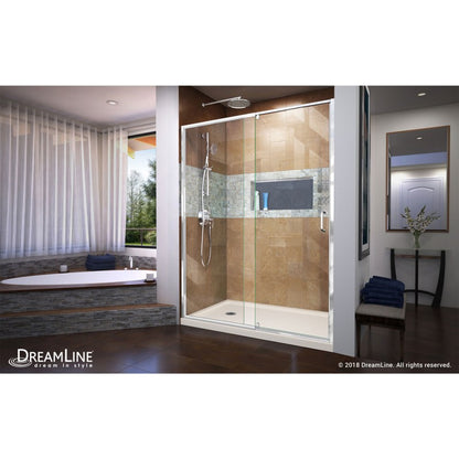 Flex Semi-Frameless Pivot Shower Door Kit with Biscuit Shower Base Pan and Left Drain