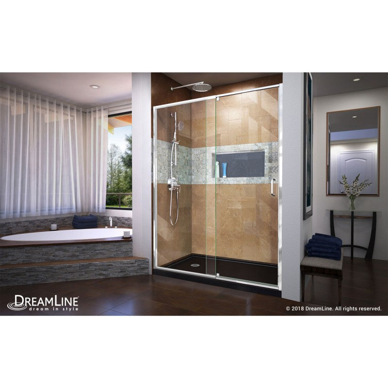 Flex Semi-Frameless Pivot Shower Door Kit with Black Shower Base Pan and Left Drain