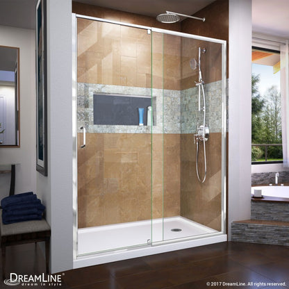 Flex Semi-Frameless Pivot Shower Door Kit with White Shower Base Pan and Right Drain