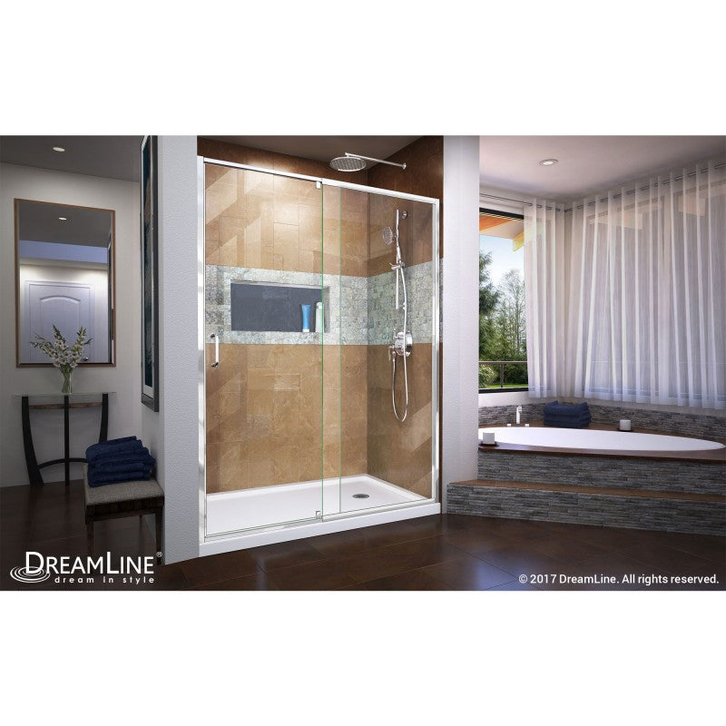 Flex Semi-Frameless Pivot Shower Door Kit with White Shower Base Pan and Right Drain