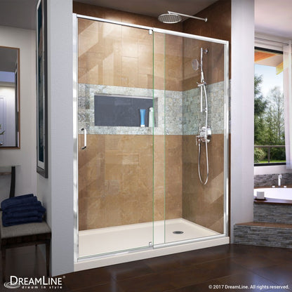 Flex Semi-Frameless Pivot Shower Door Kit with Biscuit Shower Base Pan and Right Drain