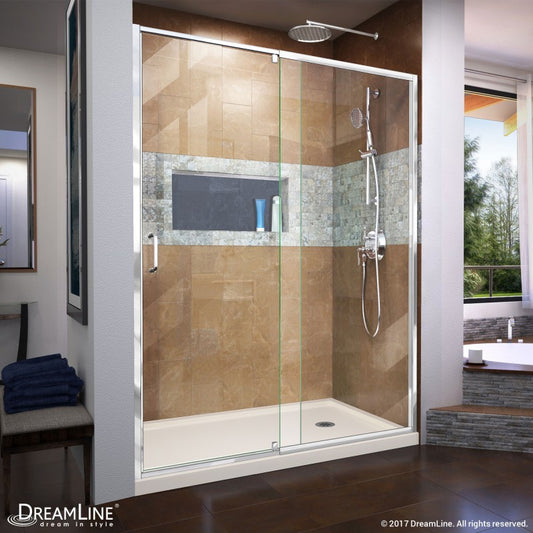 Flex Semi-Frameless Pivot Shower Door Kit with Biscuit Shower Base Pan and Right Drain