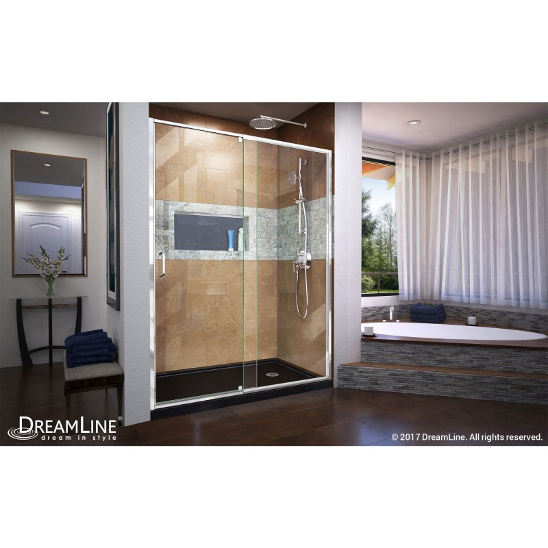 Flex Semi-Frameless Pivot Shower Door Kit with Black Shower Base Pan and Right Drain