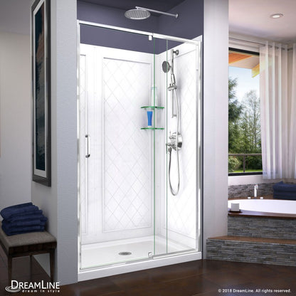 Flex Semi-Frameless Pivot Shower Door Kit with Diamond Style Wall and White Shower Base Pan and Center Drain