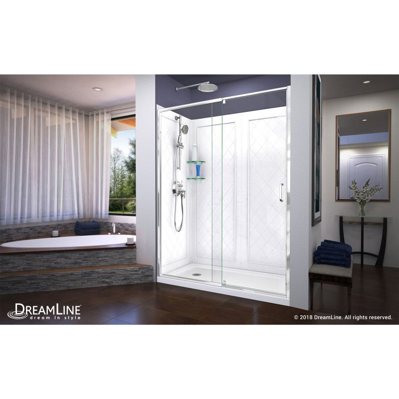 Flex Semi-Frameless Pivot Shower Door Kit with Diamond Style Wall and White Shower Base Pan and Left Drain