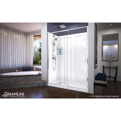 Flex Semi-Frameless Pivot Shower Door Kit with Diamond Style Wall and White Shower Base Pan and Left Drain