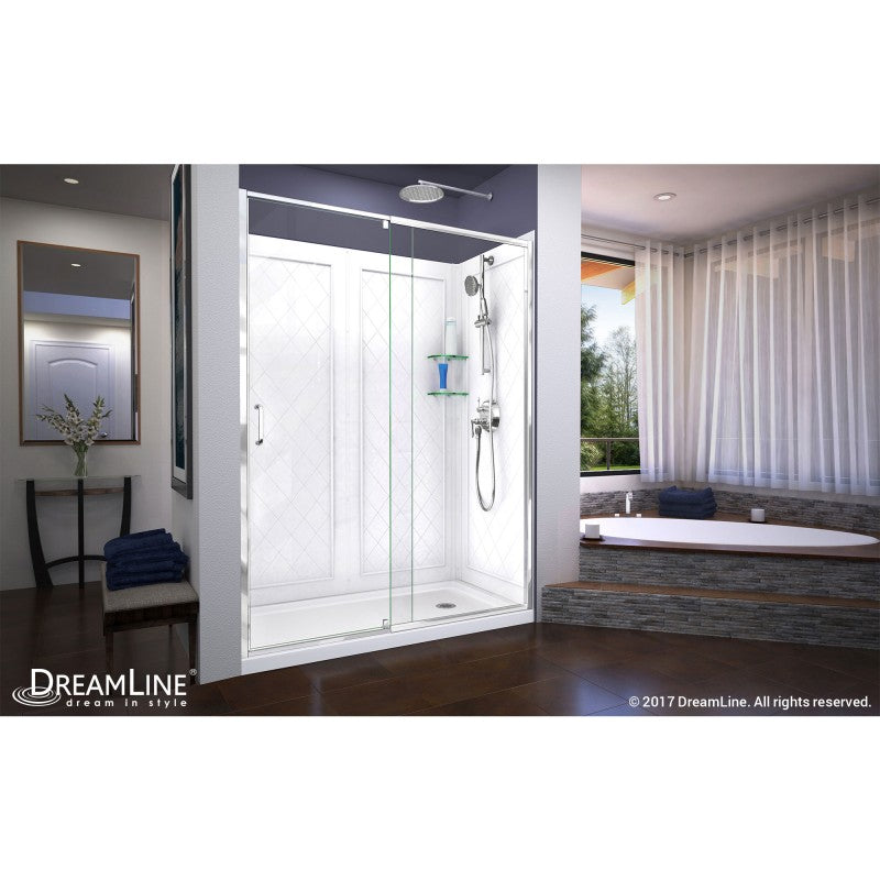 Flex Semi-Frameless Pivot Shower Door Kit with Diamond Style Wall and White Shower Base Pan and Right Drain