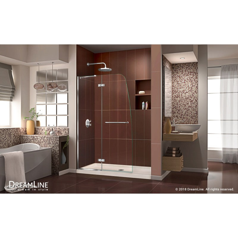 Aqua Ultra Frameless Hinged Shower Door Kit with Biscuit Shower Base Pan and Center Drain