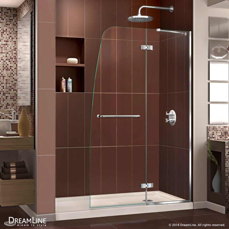 Aqua Ultra Frameless Hinged Shower Door Kit with Biscuit Shower Base Pan and Right Drain