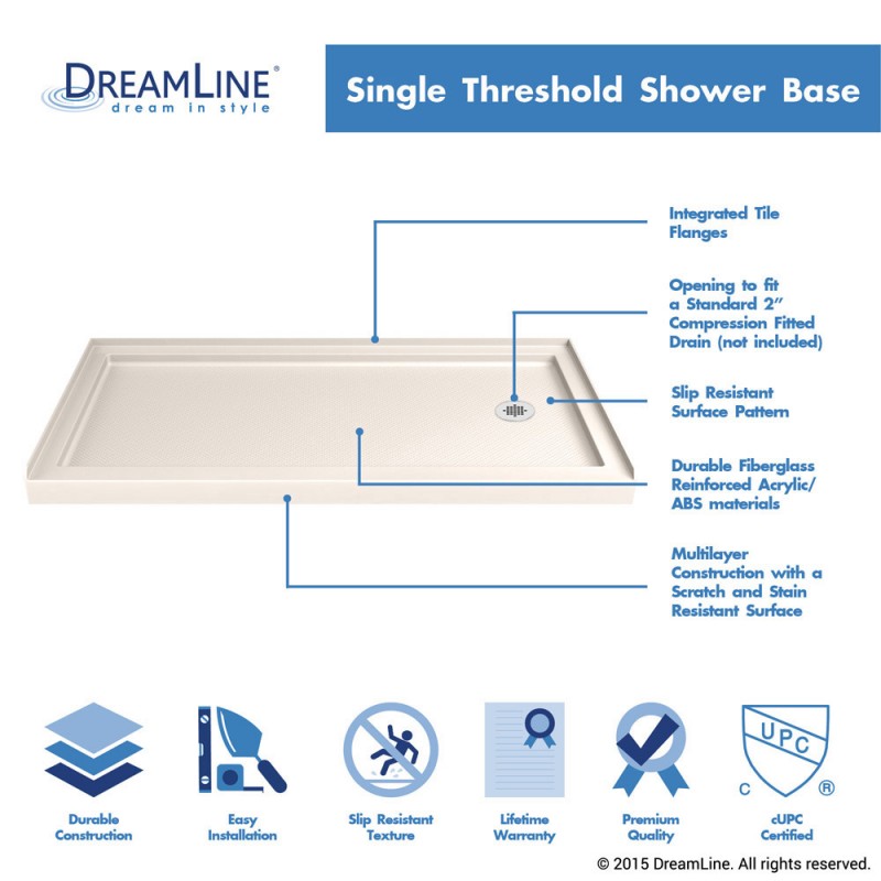 Aqua Ultra Frameless Hinged Shower Door Kit with Biscuit Shower Base Pan and Right Drain