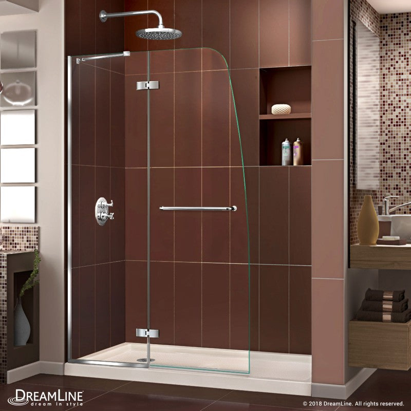 Aqua Ultra Frameless Hinged Shower Door Kit with Biscuit Shower Base Pan and Left Drain