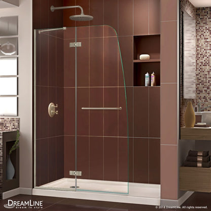 Aqua Ultra Frameless Hinged Shower Door Kit with Biscuit Shower Base Pan and Left Drain